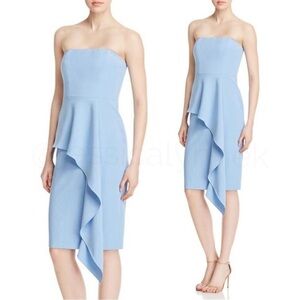 Black Halo Strapless Asymmetric Draped Ruffle Midi Sheath Dress Light Blue XS 2
